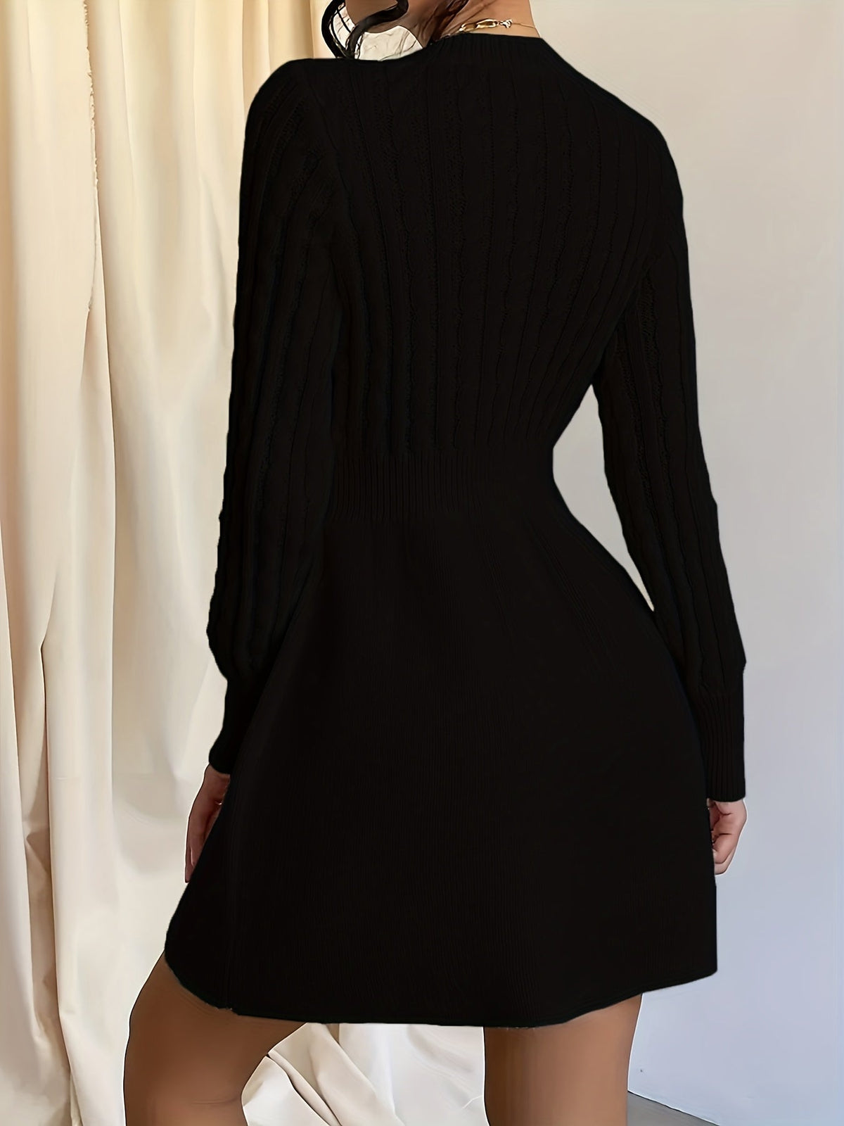 Women's Cable Knit A-Line Sweater Dress | Textured Bodice, Smocked Waist, Flared Mini Skirt, Long Sleeves | 4 Colors