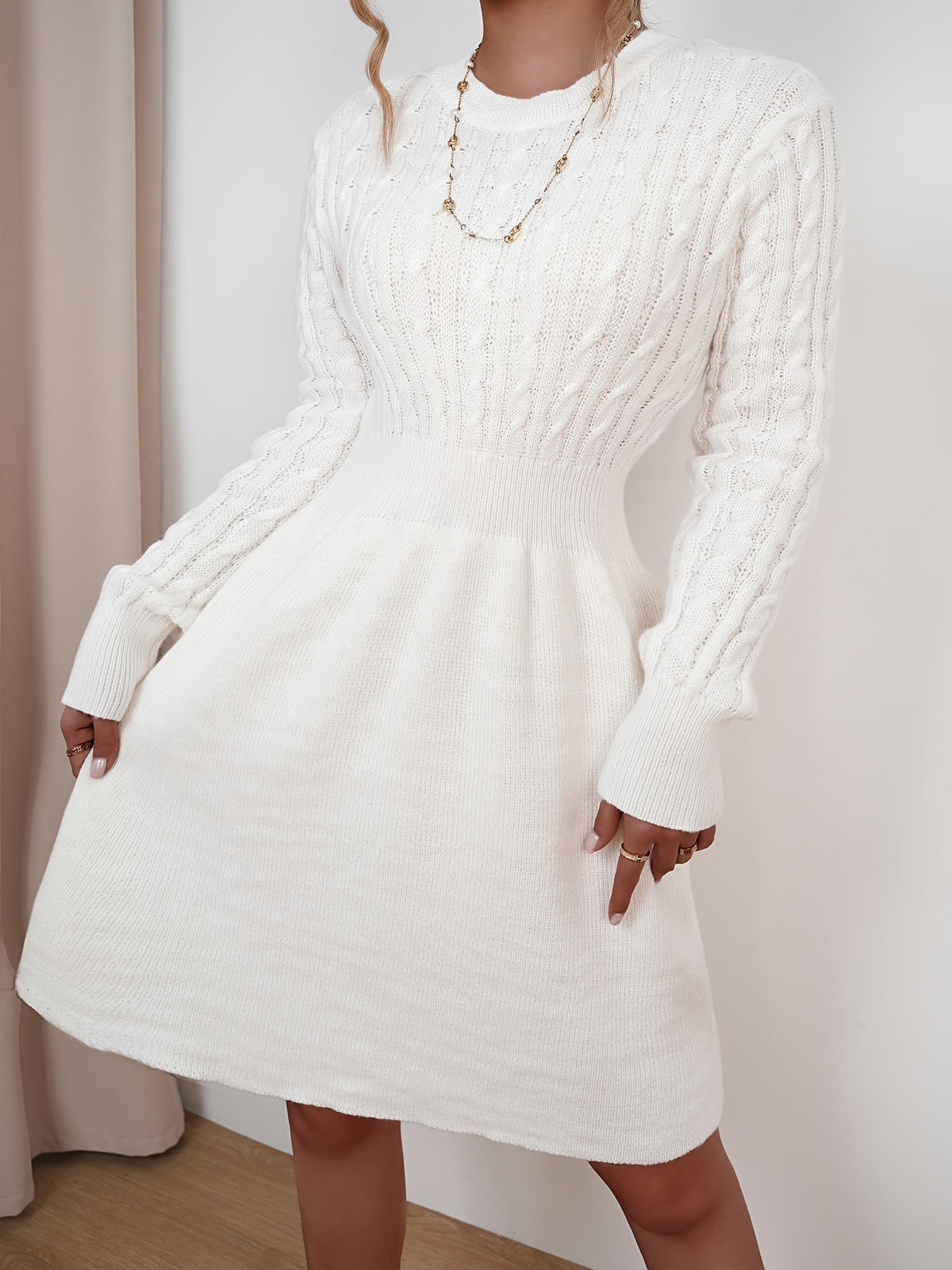 Women's Cable Knit A-Line Sweater Dress | Textured Bodice, Smocked Waist, Flared Mini Skirt, Long Sleeves | 4 Colors