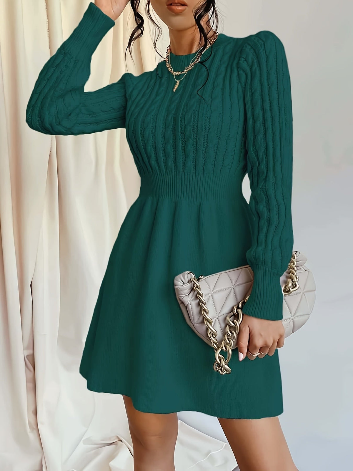 Women's Cable Knit A-Line Sweater Dress | Textured Bodice, Smocked Waist, Flared Mini Skirt, Long Sleeves | 4 Colors