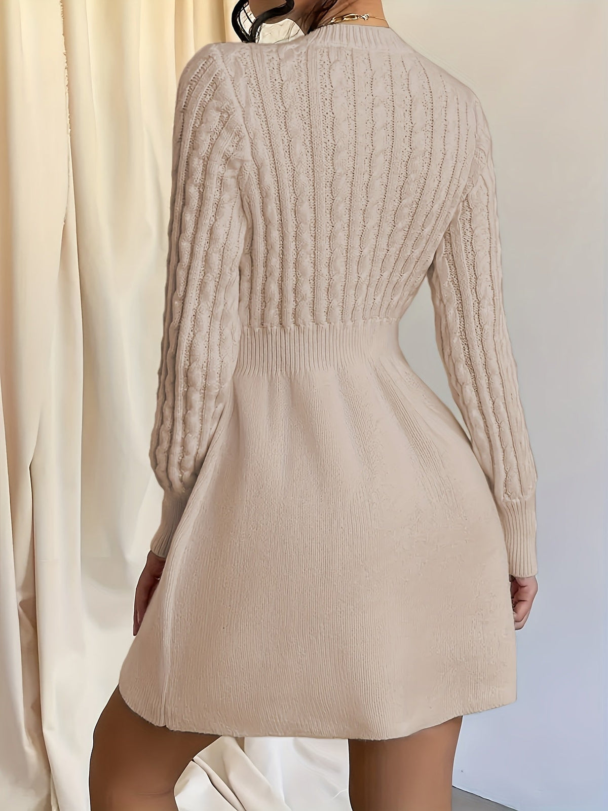 Women's Cable Knit A-Line Sweater Dress | Textured Bodice, Smocked Waist, Flared Mini Skirt, Long Sleeves | 4 Colors