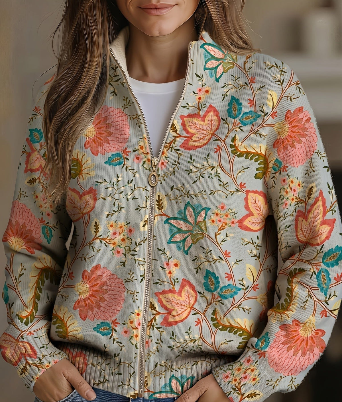 Women's Floral Zipper Cardigan Sweater with Coral Peony Print | Fitted Rib Knit with Gold Front Closure, Hip Length | Size S-3XL