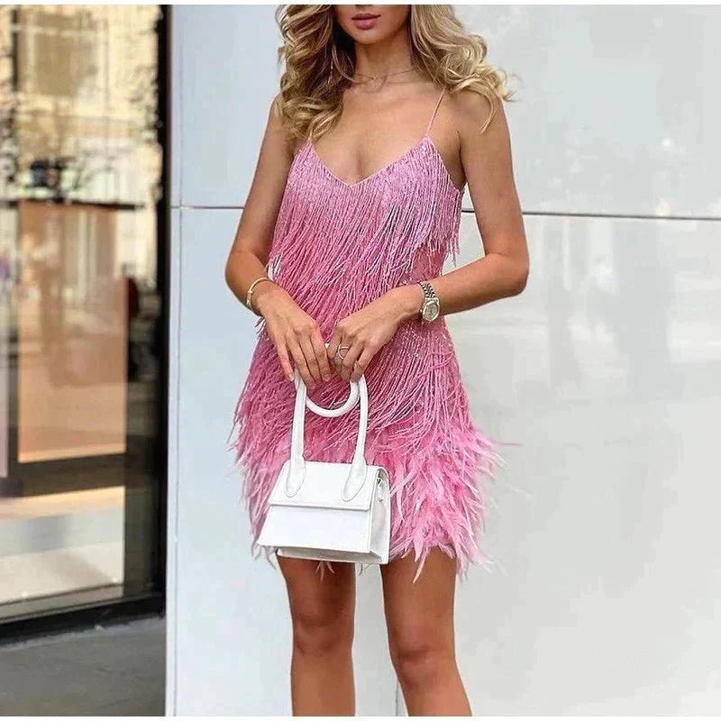 Women's Cocktail Mini Dress with Sequin Fringe and Feather Hem | Deep V Neck, Spaghetti Straps | Sizes XS to 3XL, 4 Colors