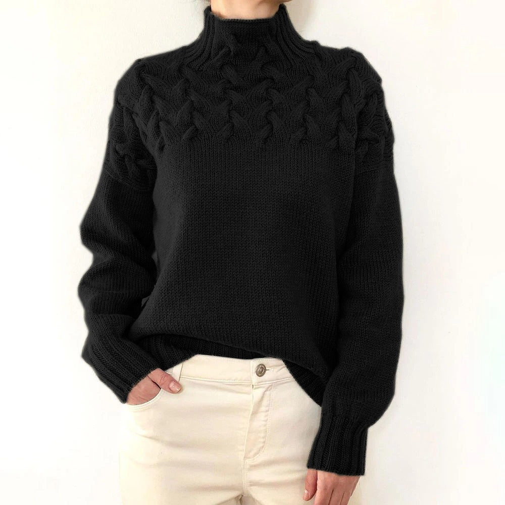 Women's Cable Knit Turtleneck Sweater | Chunky Braided Yoke, Ribbed Cuffs and Hem, Relaxed Layering Fit | 14 Colors