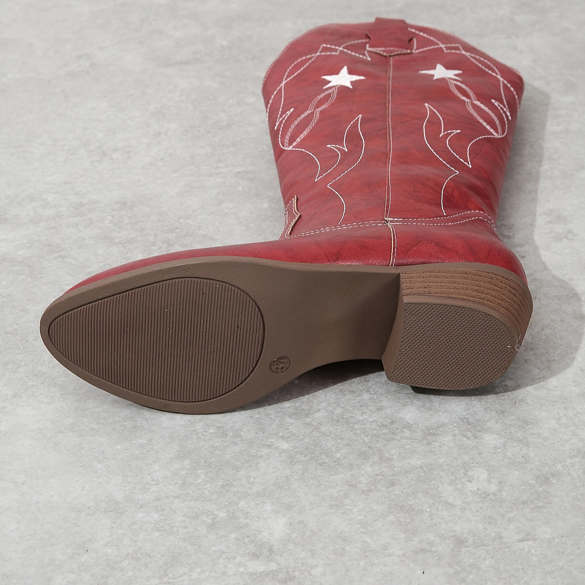 Women's Wide Calf Knee High Boots in Red | Western Star Embroidery, Stacked Block Heel and a Pull On Shaft | Size 5.5-10.5