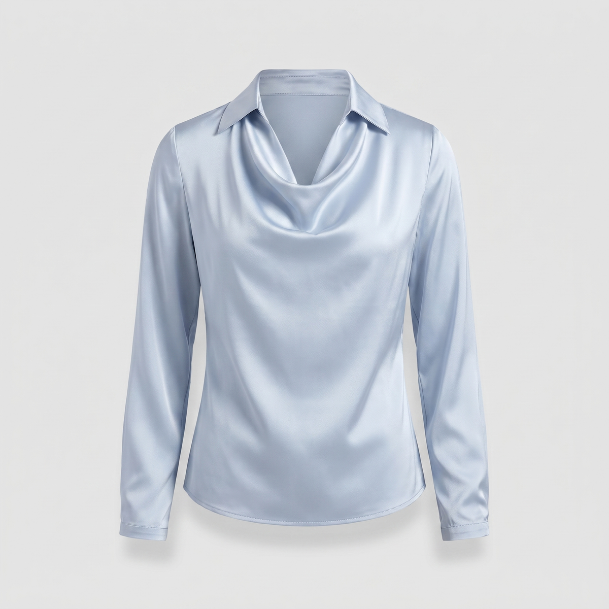 Women's Satin-Finish Cowl Neck Blouse with Collar | Long Sleeves, Relaxed Drape | Sizes XS to 3XL, 8 Colors