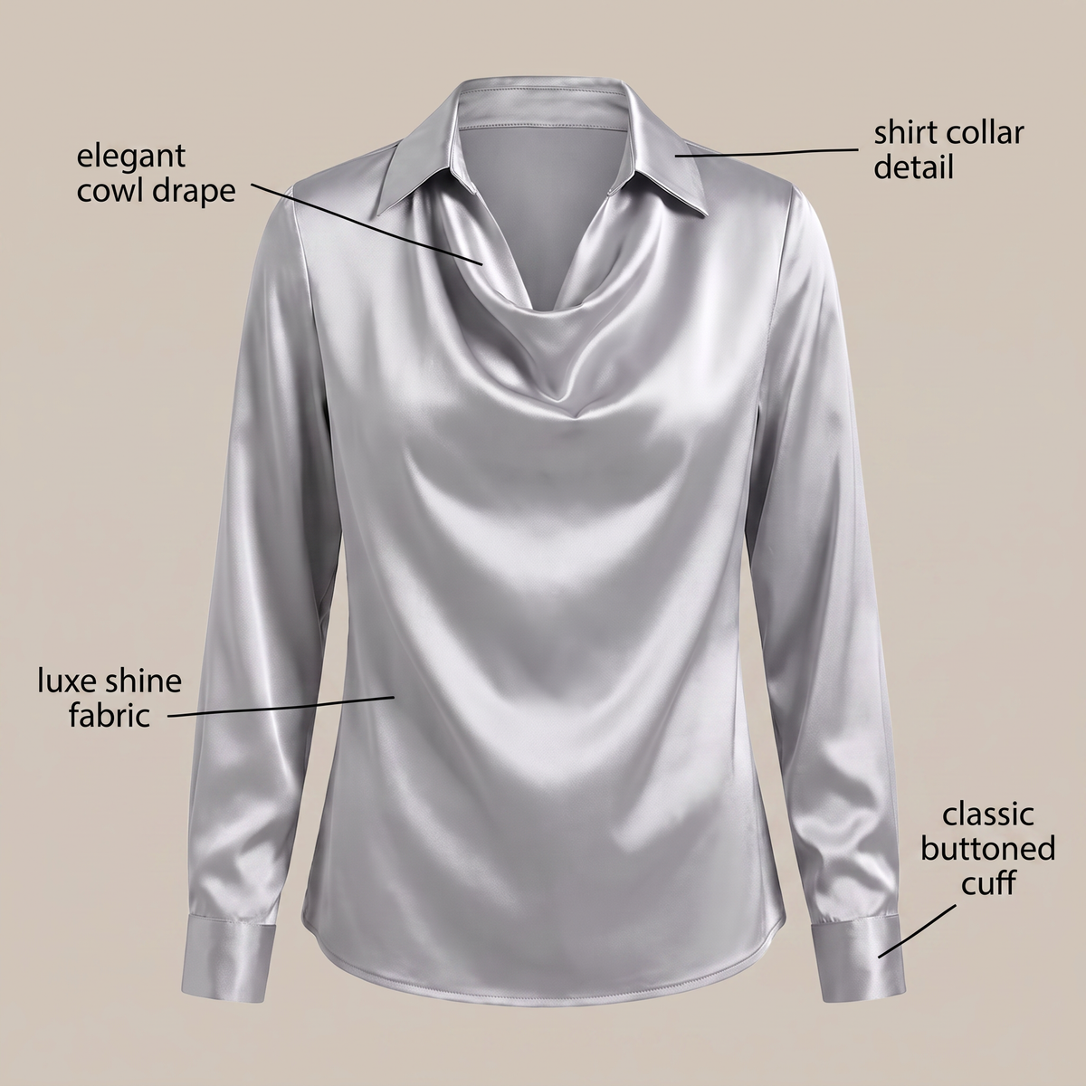 Women's Satin-Finish Cowl Neck Blouse with Collar | Long Sleeves, Relaxed Drape | Sizes XS to 3XL, 8 Colors