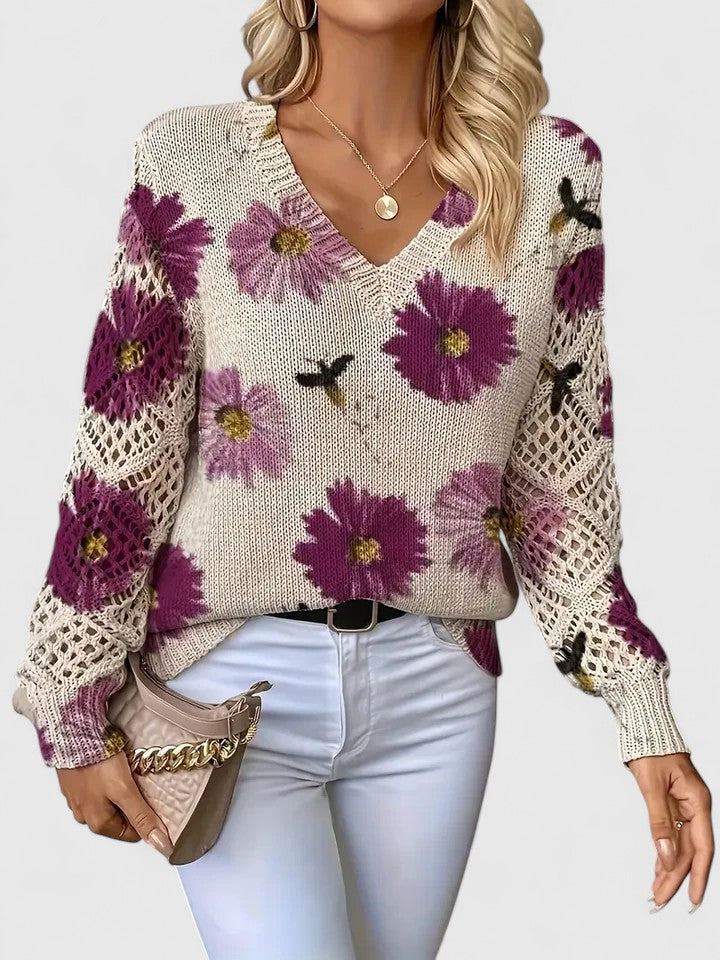 Women's Floral Knit Cardigan with V-Neck and Open Lattice Sleeves | Hip-Length Layering Sweater | Size S-2XL