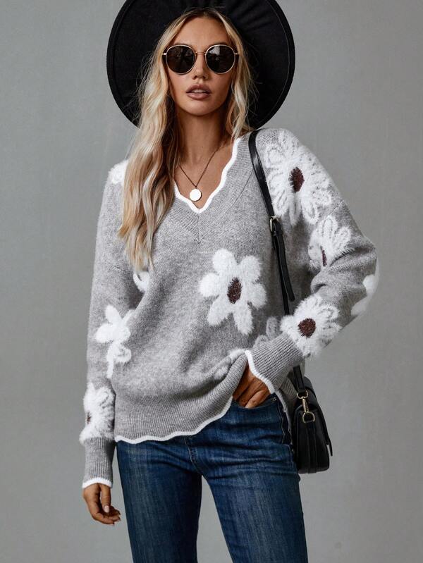 Women's V Neck Pullover Sweater with Floral Pattern | Soft, Gentle-on-Skin Jumper, Machine Washable | Size S-2XL