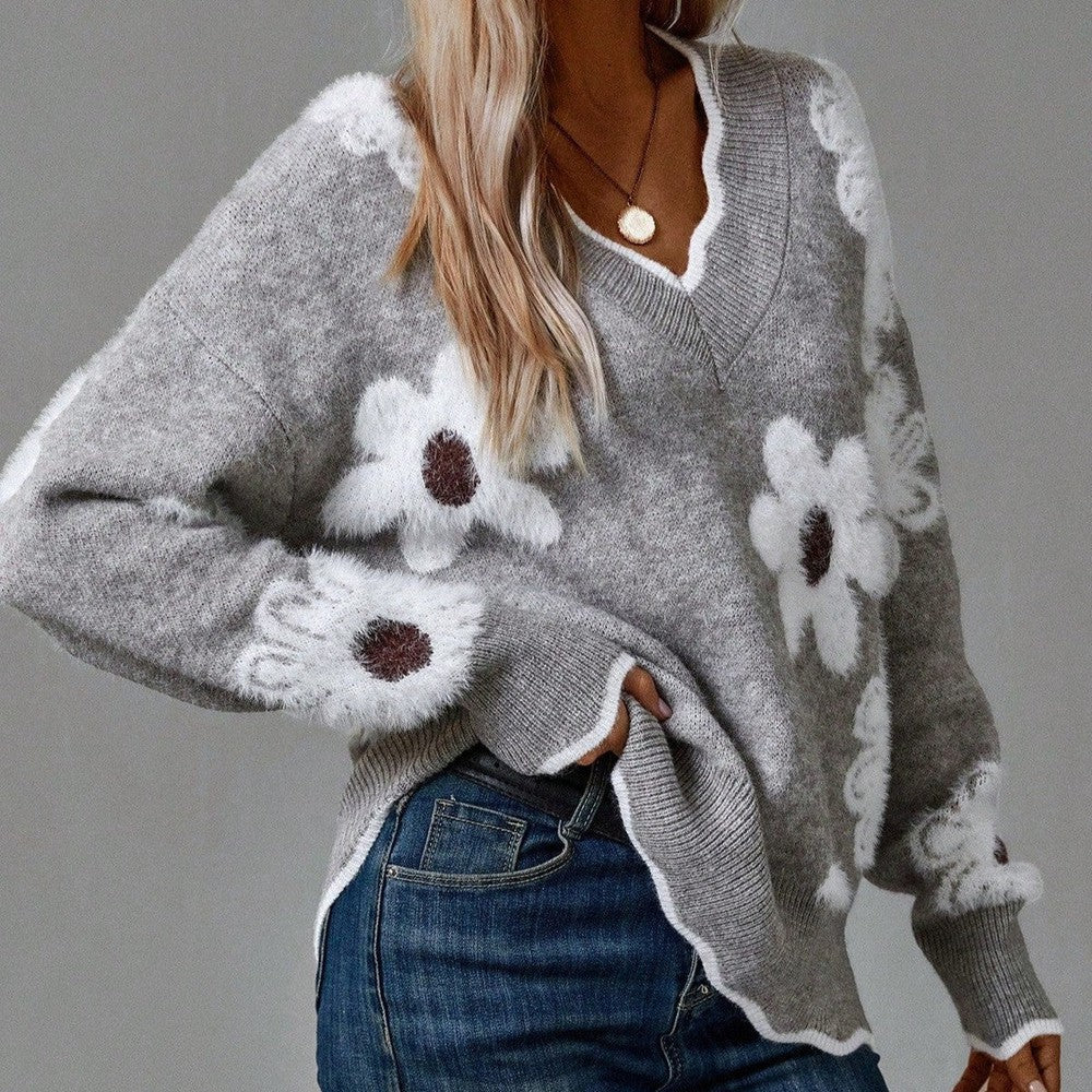 Women's V Neck Pullover Sweater with Floral Pattern | Soft, Gentle-on-Skin Jumper, Machine Washable | Size S-2XL