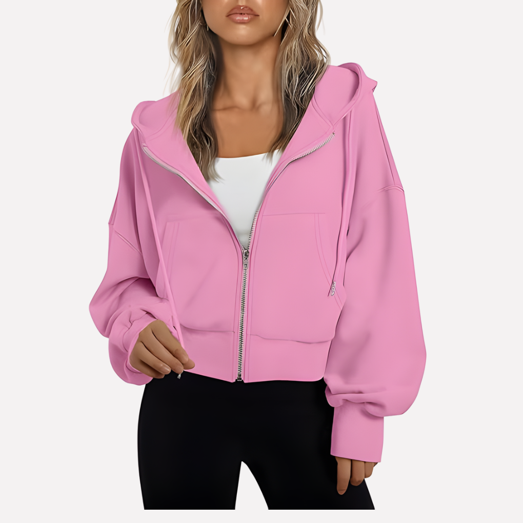 Women's Cropped Zip Up Hoodie with Adjustable Drawstring | Relaxed Sleeves, Printed Accents, Soft Interior | Size S-2XL