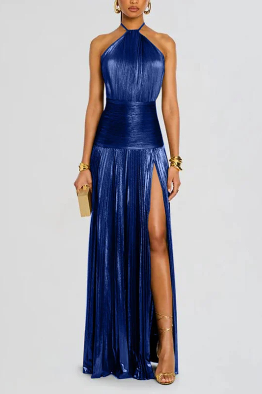 Women's Pleated Satin Maxi Dress with Halter Neck | Open Back, High Slit for Ceremonies | Sizes XS to 2XL, 5 Colors