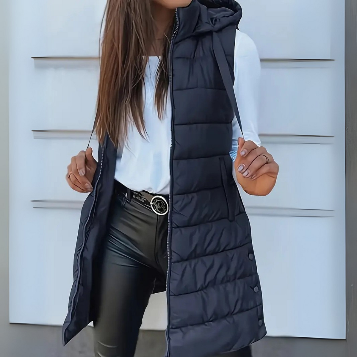 Women's Long Hooded Puffer Vest for Layering | Lightweight Sleeveless Design Weighing 495 g, Easy Care | Size S-5XL