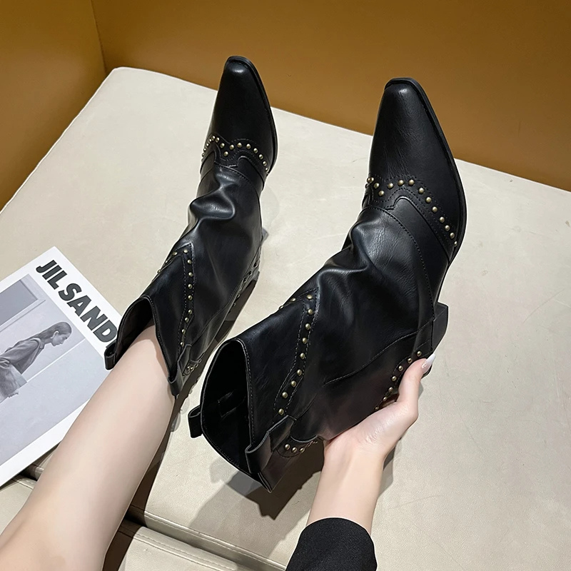 Women's Studded Western Boots with Metal Rivets | Medium Heel Cowgirl Style for Fall Nights | Size 5.5-9.5, 3 Colors