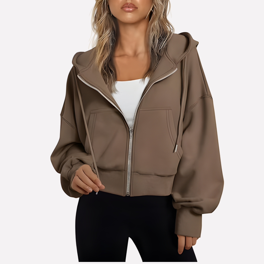Women's Cropped Zip Up Hoodie with Adjustable Drawstring | Relaxed Sleeves, Printed Accents, Soft Interior | Size S-2XL