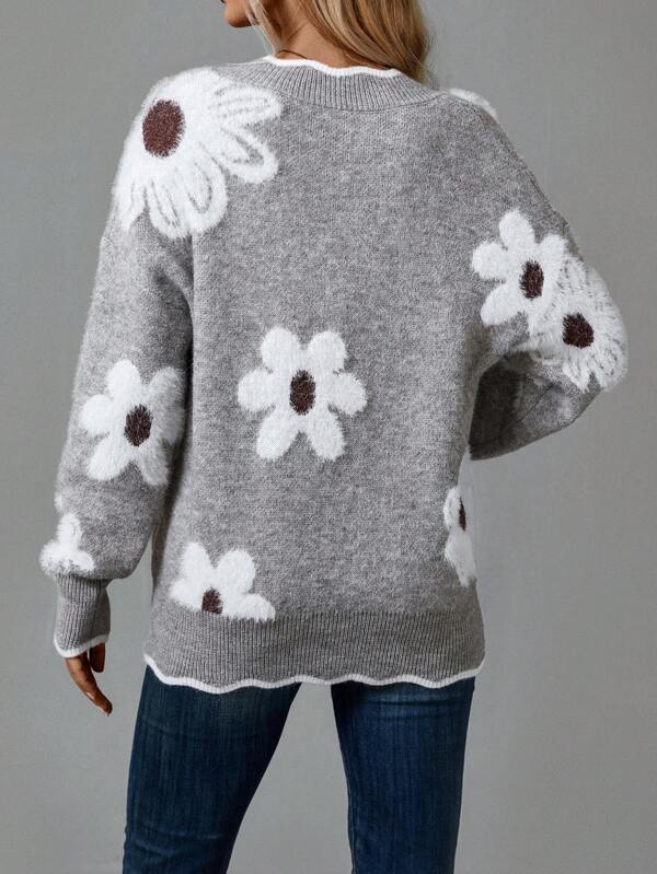 Women's V Neck Pullover Sweater with Floral Pattern | Soft, Gentle-on-Skin Jumper, Machine Washable | Size S-2XL