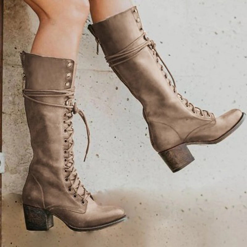 Women's Knee High Lace Up Boots with Block Heel | Studded Fold Over Cuff | Sizes 5.5-9.5, 5 Colors