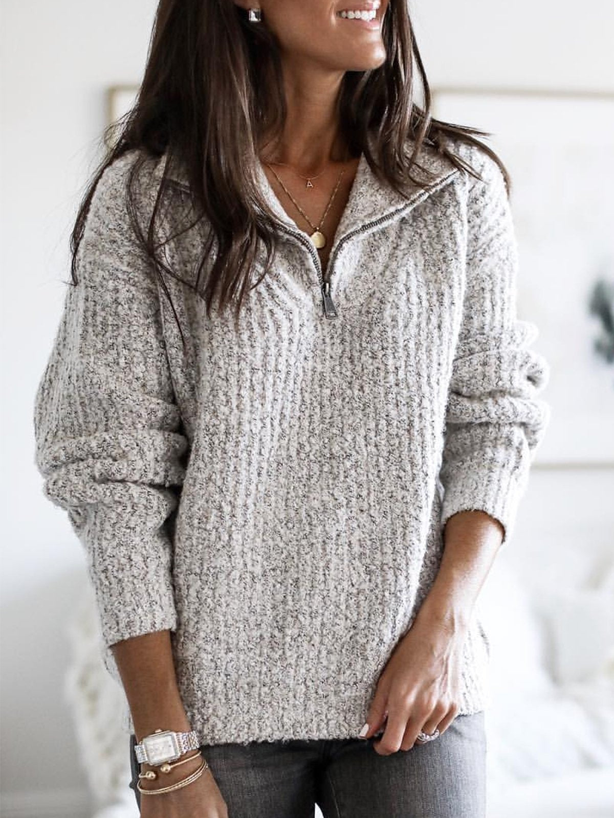 Women's Half Zip Pullover Sweater with Stand Collar | Relaxed Fit Textured Knit, Ribbed Cuffs and Hem | Size S-5XL