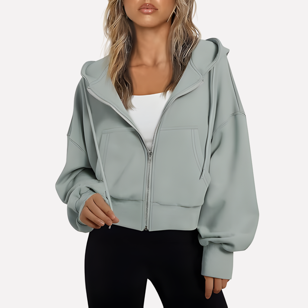 Women's Cropped Zip Up Hoodie with Adjustable Drawstring | Relaxed Sleeves, Printed Accents, Soft Interior | Size S-2XL