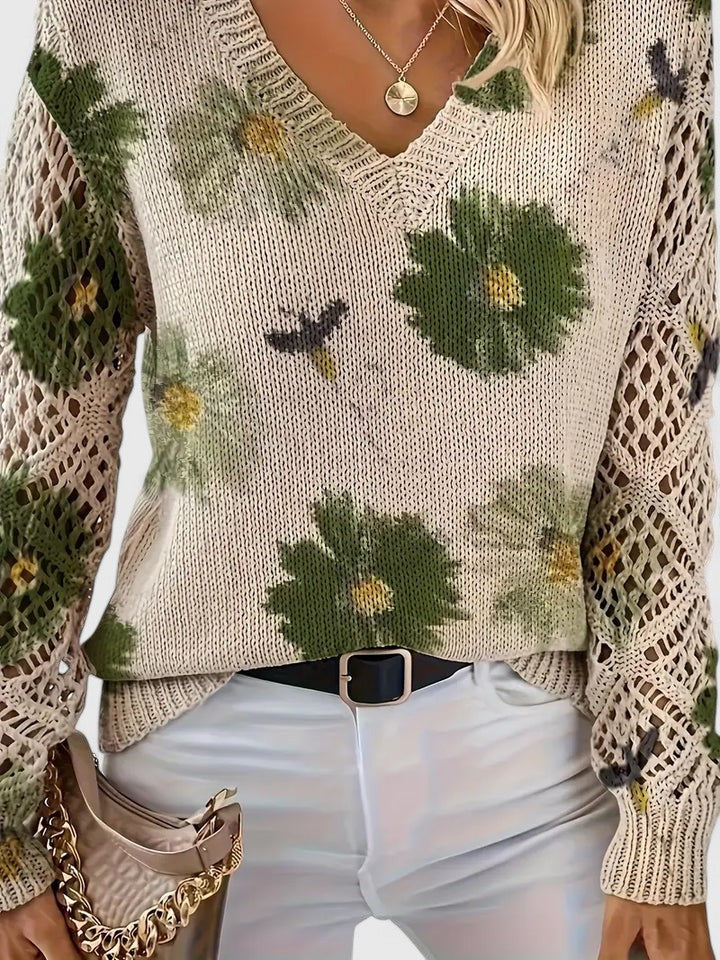 Women's Floral Knit Cardigan with V-Neck and Open Lattice Sleeves | Hip-Length Layering Sweater | Size S-2XL