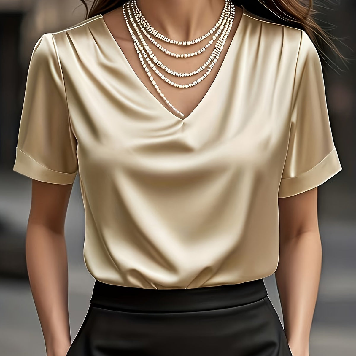 Women's Satin Blouse with V Neck and Short Sleeves | Relaxed Drape, Smooth Seams | Sizes XS to 3XL, 4 Colors