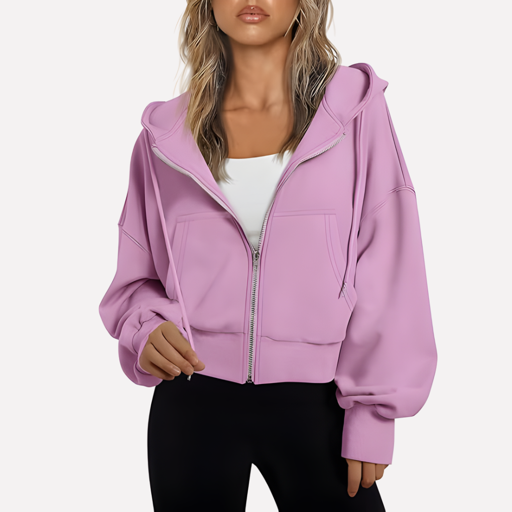 Women's Cropped Zip Up Hoodie with Adjustable Drawstring | Relaxed Sleeves, Printed Accents, Soft Interior | Size S-2XL