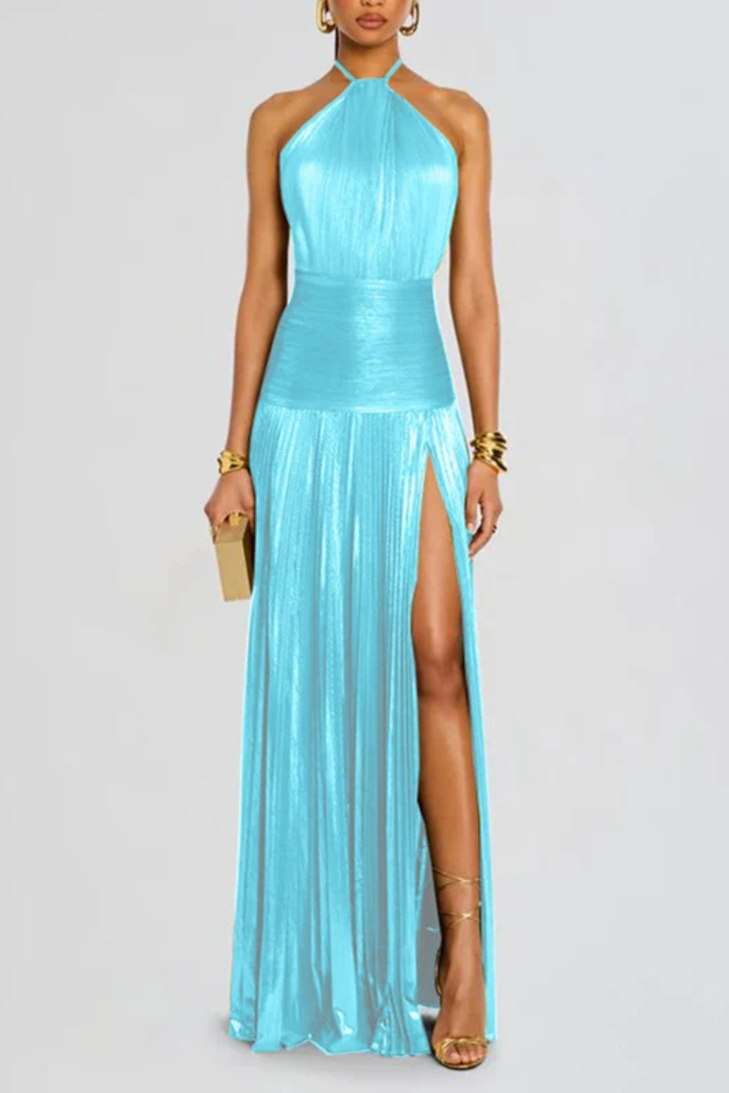 Women's Pleated Satin Maxi Dress with Halter Neck | Open Back, High Slit for Ceremonies | Sizes XS to 2XL, 5 Colors