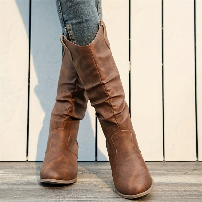 Women's Knee High Pull On Boots with Slouchy Shaft | Low Flat Heel, No Zip Closure | Size 5.5-10.5, 3 Colors