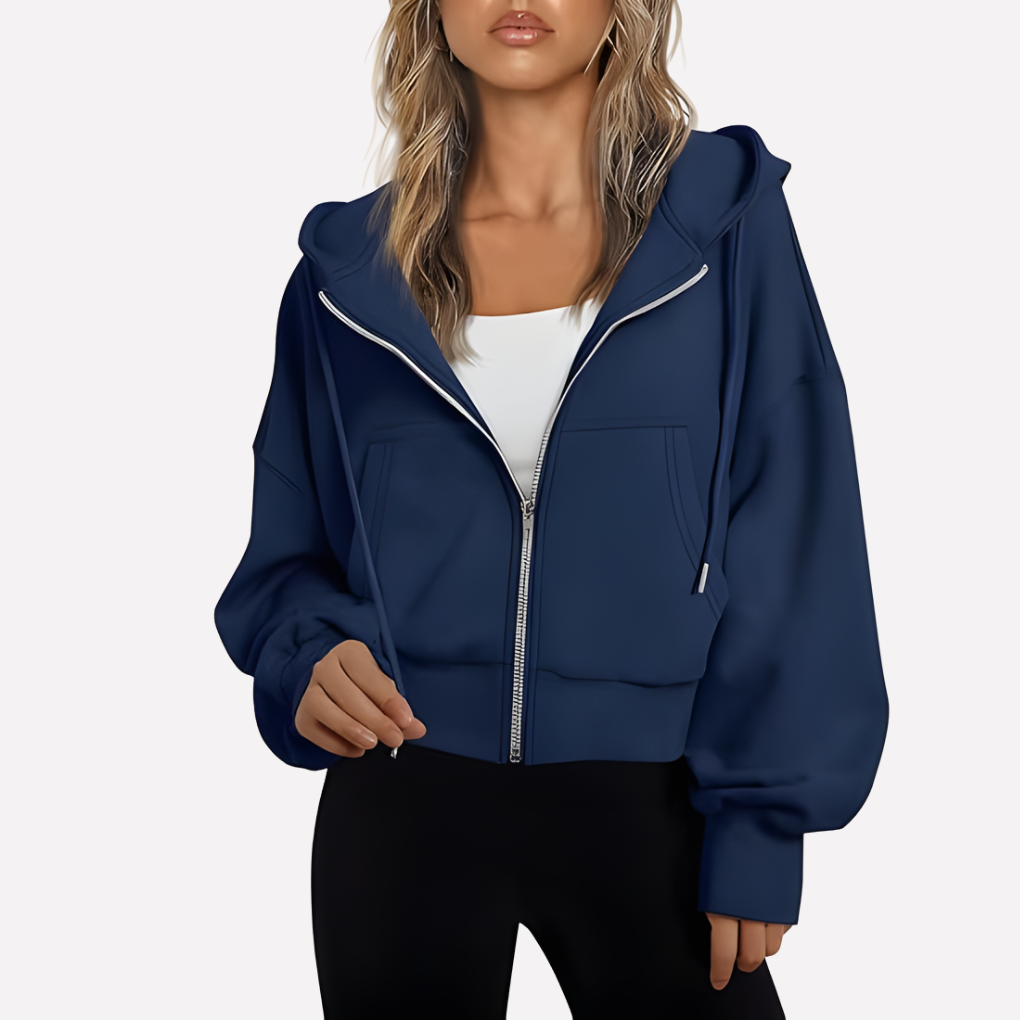 Women's Cropped Zip Up Hoodie with Adjustable Drawstring | Relaxed Sleeves, Printed Accents, Soft Interior | Size S-2XL