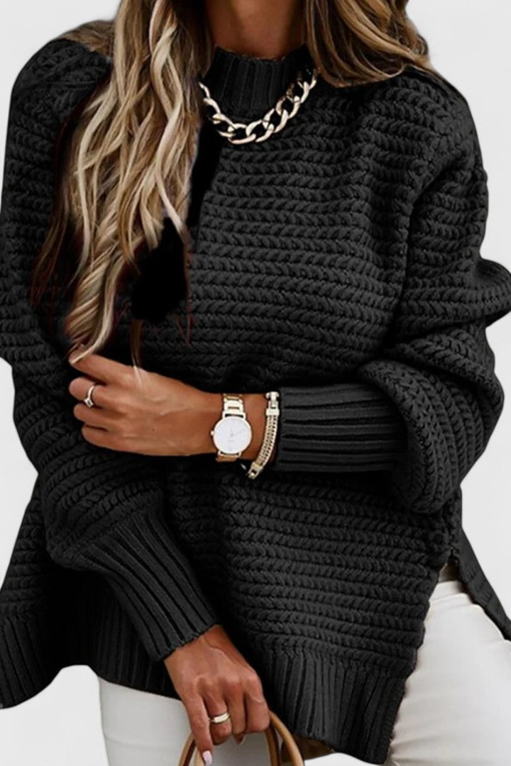 Women's Loose Fit Pullover Sweater with Round Neck and Slit Detail | Solid Color Jumper for Layering | Size S-3XL