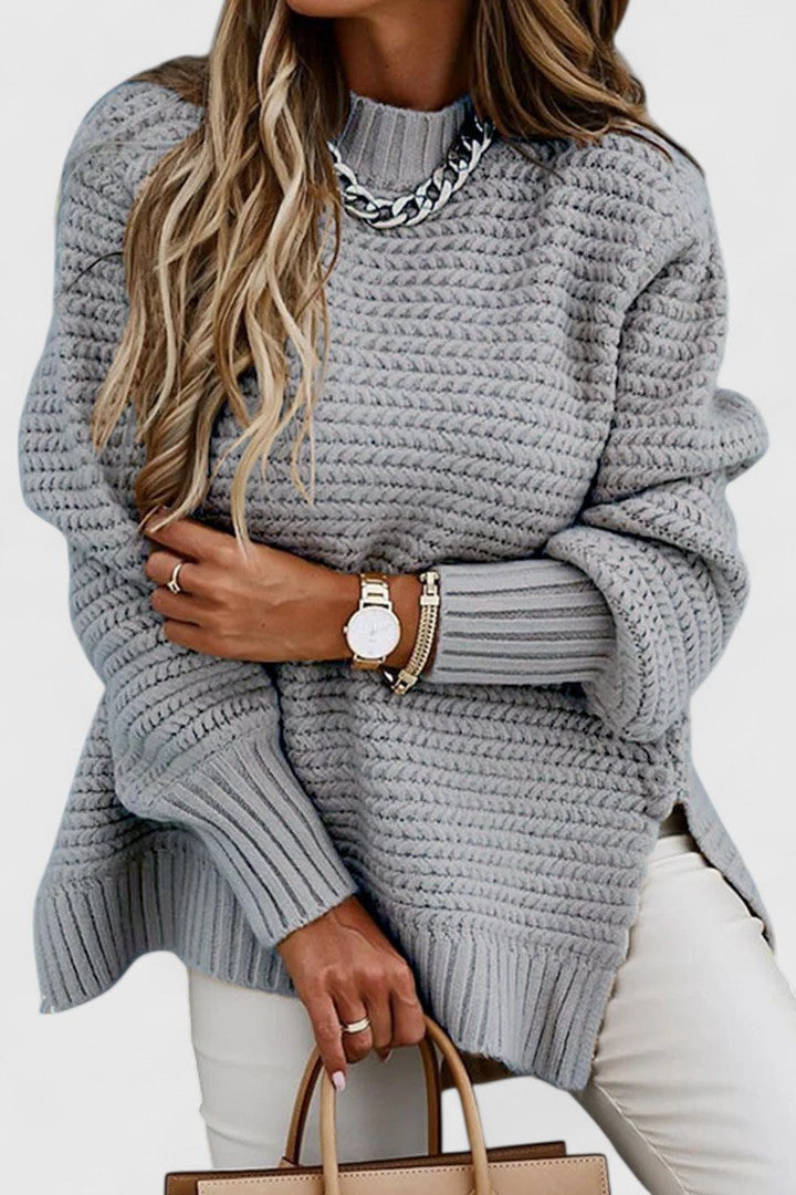 Women's Loose Fit Pullover Sweater with Round Neck and Slit Detail | Solid Color Jumper for Layering | Size S-3XL