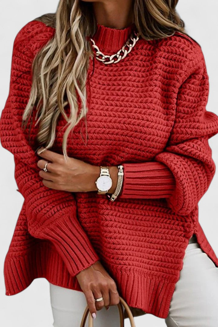Women's Loose Fit Pullover Sweater with Round Neck and Slit Detail | Solid Color Jumper for Layering | Size S-3XL