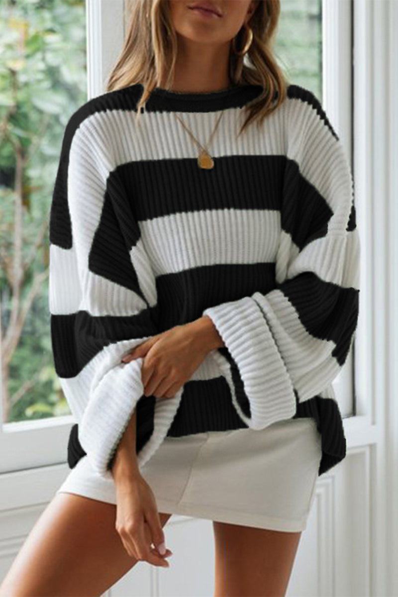 Women's Contrast Striped Crew Neck Sweater | Loose Fit Long Sleeve Pullover in Acrylic Blend for Everyday Wear | Size S-XL