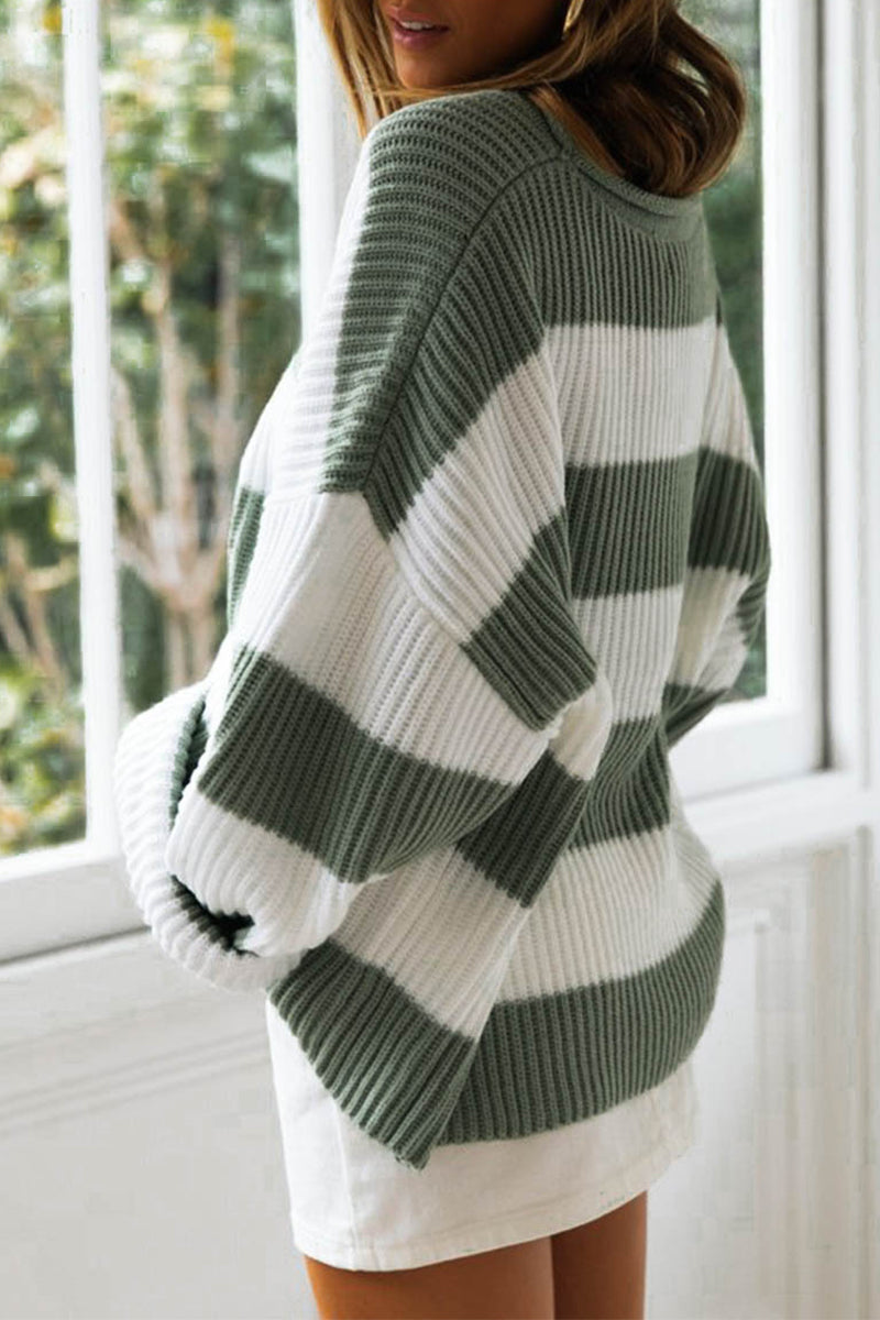 Women's Contrast Striped Crew Neck Sweater | Loose Fit Long Sleeve Pullover in Acrylic Blend for Everyday Wear | Size S-XL