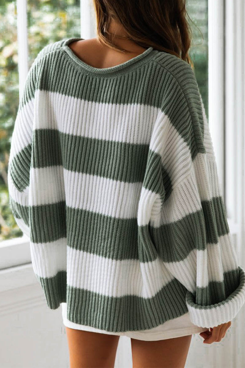 Women's Contrast Striped Crew Neck Sweater | Loose Fit Long Sleeve Pullover in Acrylic Blend for Everyday Wear | Size S-XL