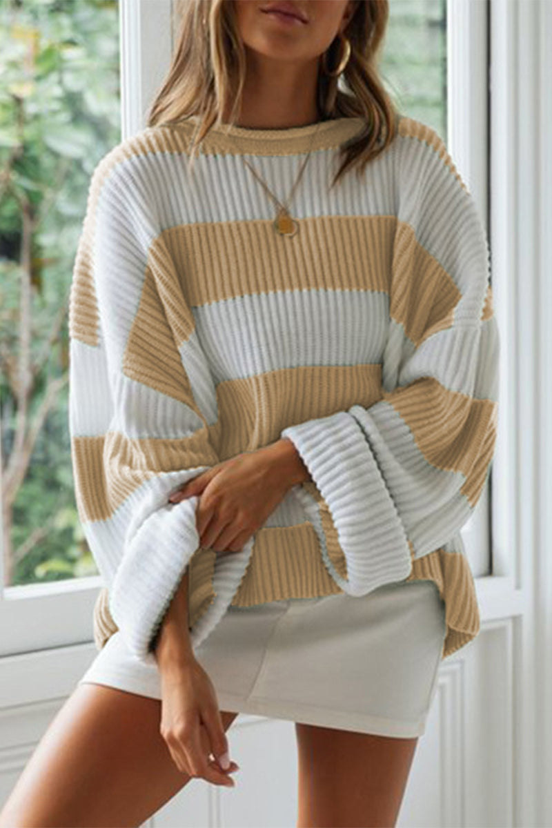 Women's Contrast Striped Crew Neck Sweater | Loose Fit Long Sleeve Pullover in Acrylic Blend for Everyday Wear | Size S-XL