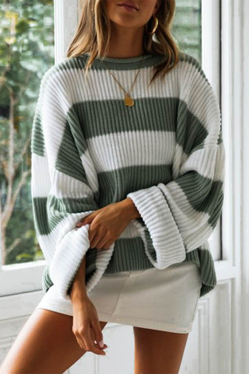 Women's Contrast Striped Crew Neck Sweater | Loose Fit Long Sleeve Pullover in Acrylic Blend for Everyday Wear | Size S-XL