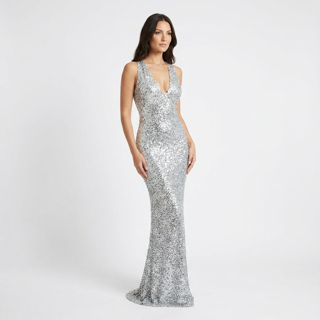 Women's Sequin Maxi Dress with Deep V Neckline | Sleeveless Column Line for Galas and Parties | Sizes S to XL, Silver