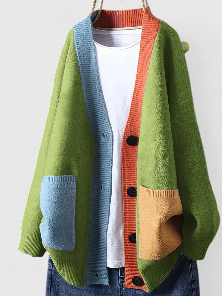 Women's Oversized Cardigan with Contrast Trim and Patch Pockets | Lightweight Button-Up Sweater | Size XL-6XL