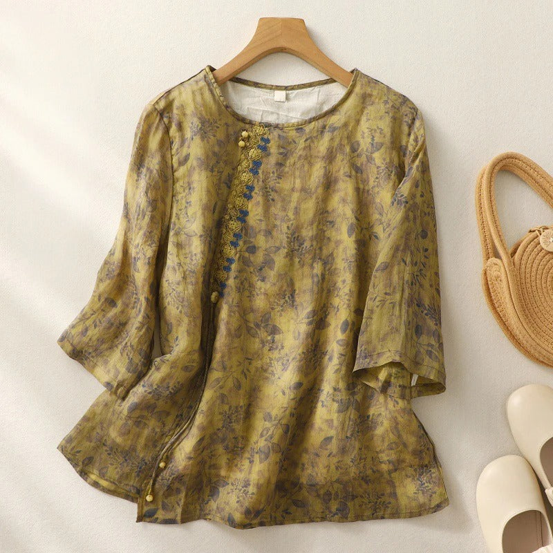 Women's Floral Embroidered Top with Sheer Inserts | Collared Button Up Shirts for Women in a Light Weave | Size S-2XL, 2 Colors