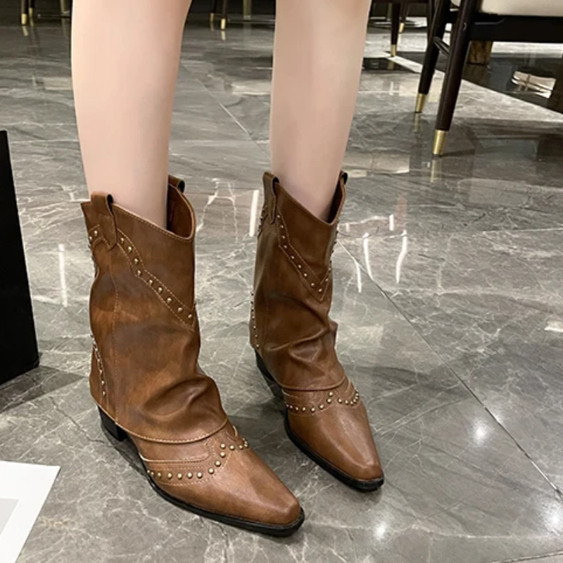 Women's Studded Western Boots with Metal Rivets | Medium Heel Cowgirl Style for Fall Nights | Size 5.5-9.5, 3 Colors