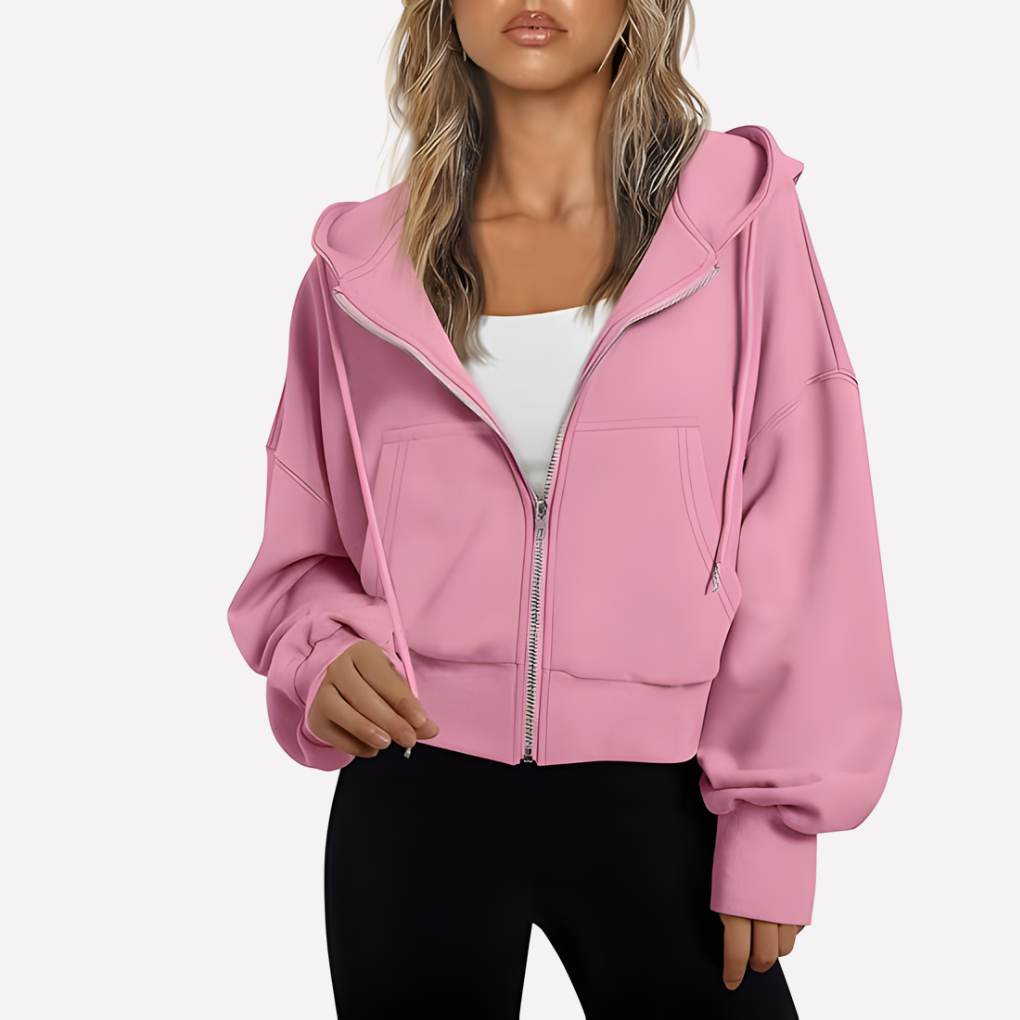 Women's Cropped Zip Up Hoodie with Adjustable Drawstring | Relaxed Sleeves, Printed Accents, Soft Interior | Size S-2XL