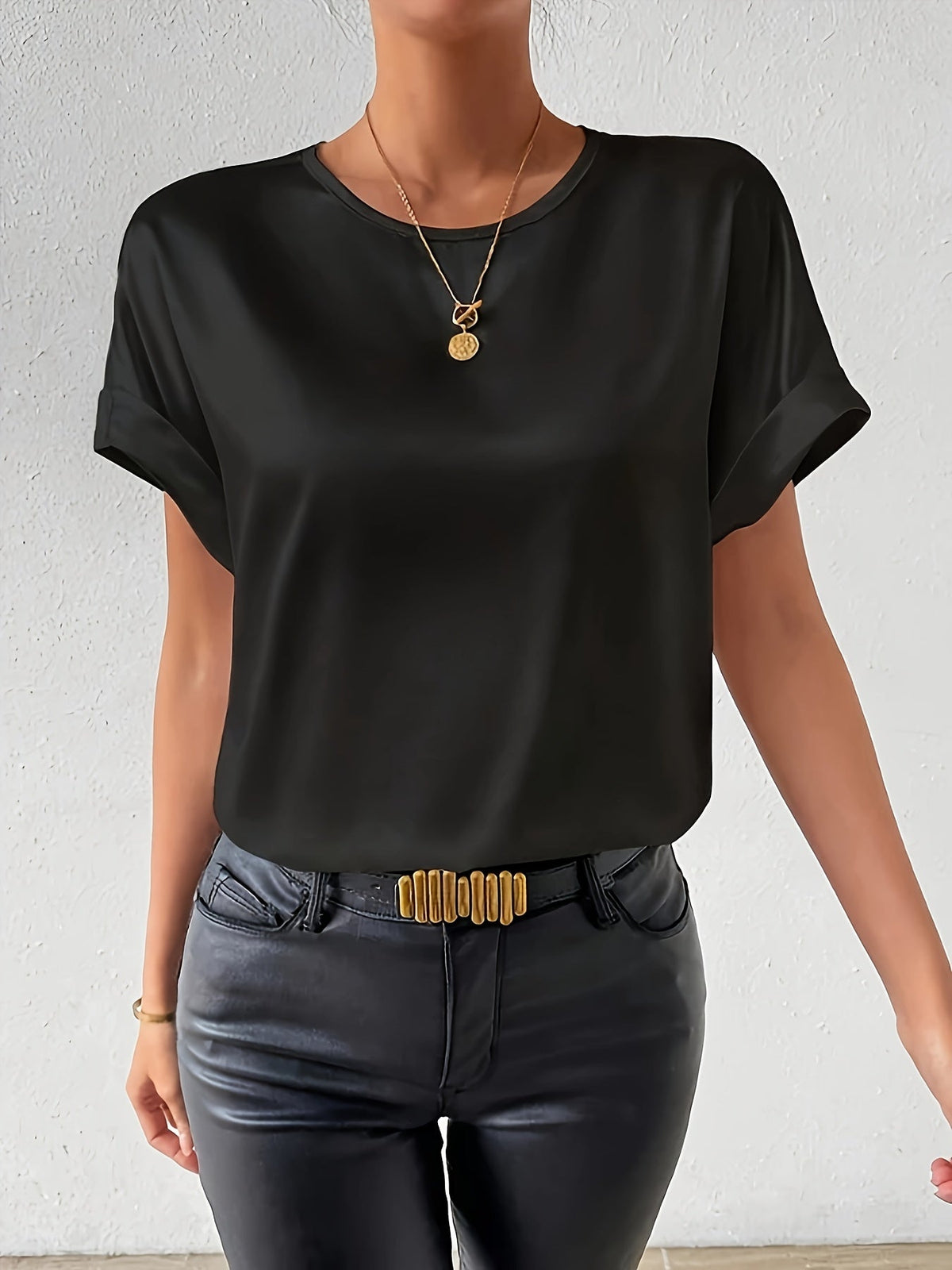 Women's Short Sleeve Blouse in Satin-Finish Cotton Blend | Crew Neck, Button Back | Sizes XS to 3XL, 4 Colors