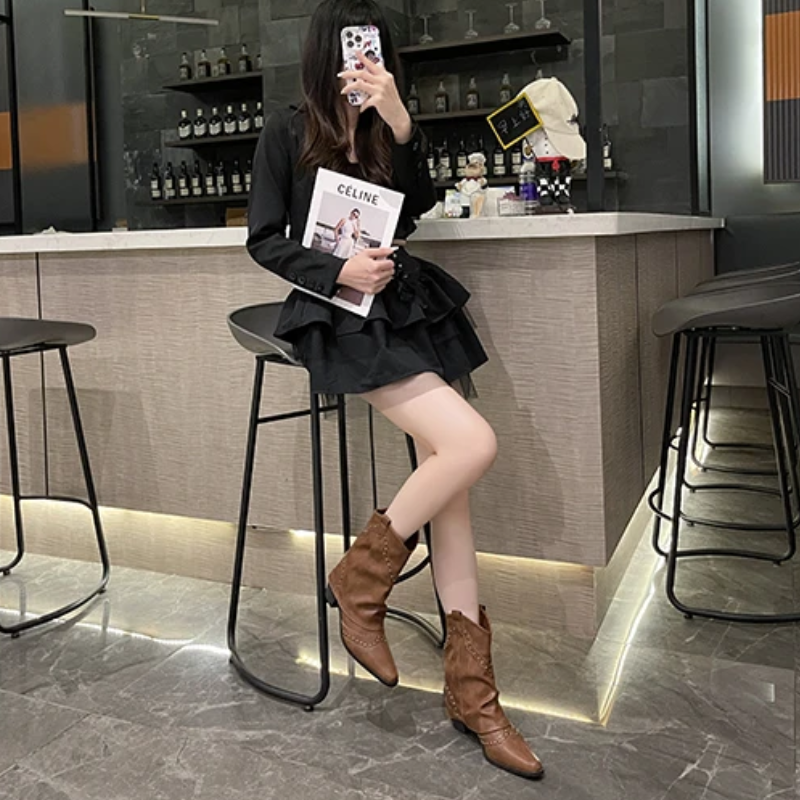 Women's Studded Western Boots with Metal Rivets | Medium Heel Cowgirl Style for Fall Nights | Size 5.5-9.5, 3 Colors