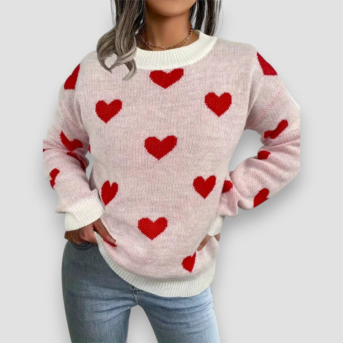 Women's Heart Pattern Knit Sweater | Lightweight Relaxed Pullover for Cold Mornings | Size S-2XL, White or Pink
