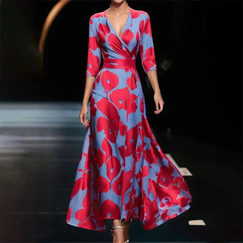 Floral Print A-Line Maxi Dress with V-Neckline