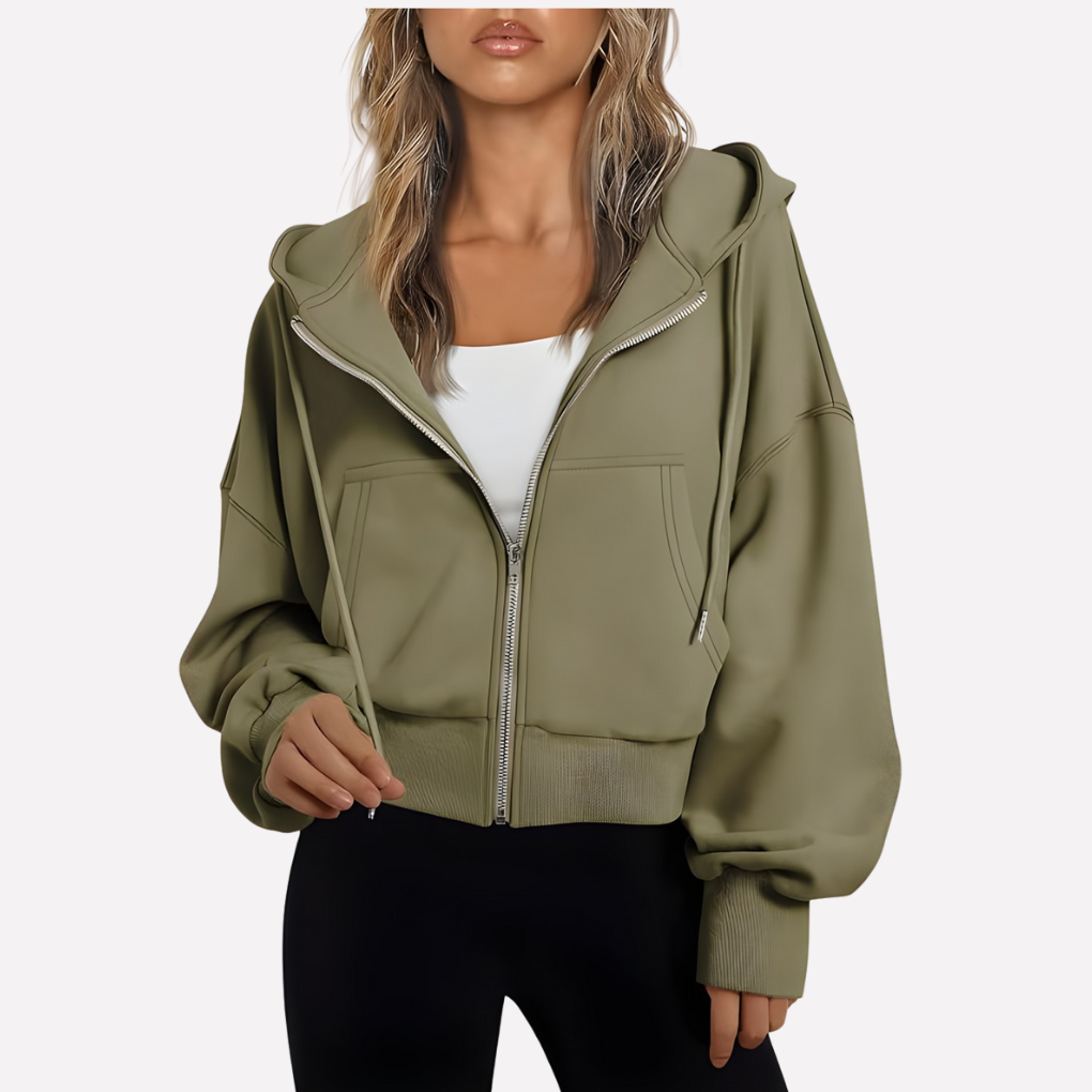 Women's Cropped Zip Up Hoodie with Adjustable Drawstring | Relaxed Sleeves, Printed Accents, Soft Interior | Size S-2XL