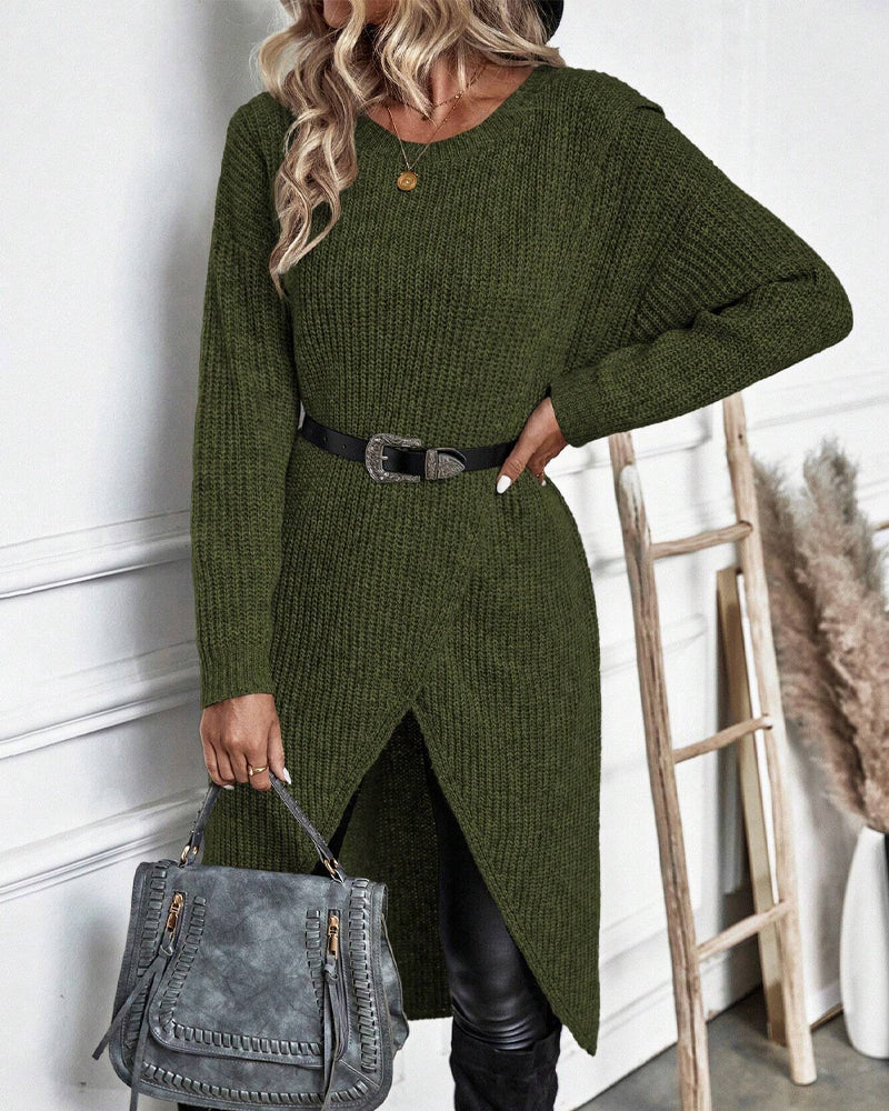 Women's Long Sleeve Sweater Dress with Crossover Split Hem | Ribbed Knit, Round Neck, Knee Length | Sizes S-XL, 4 Colors