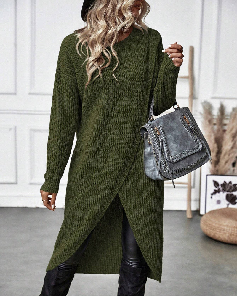 Women's Long Sleeve Sweater Dress with Crossover Split Hem | Ribbed Knit, Round Neck, Knee Length | Sizes S-XL, 4 Colors