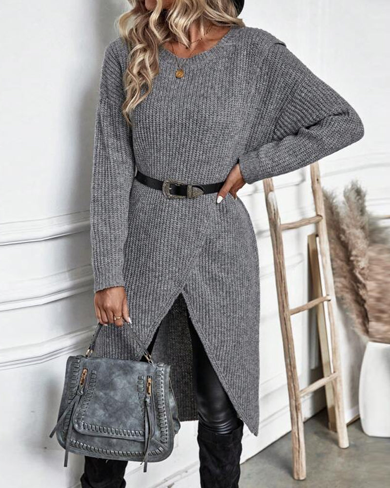 Women's Long Sleeve Sweater Dress with Crossover Split Hem | Ribbed Knit, Round Neck, Knee Length | Sizes S-XL, 4 Colors