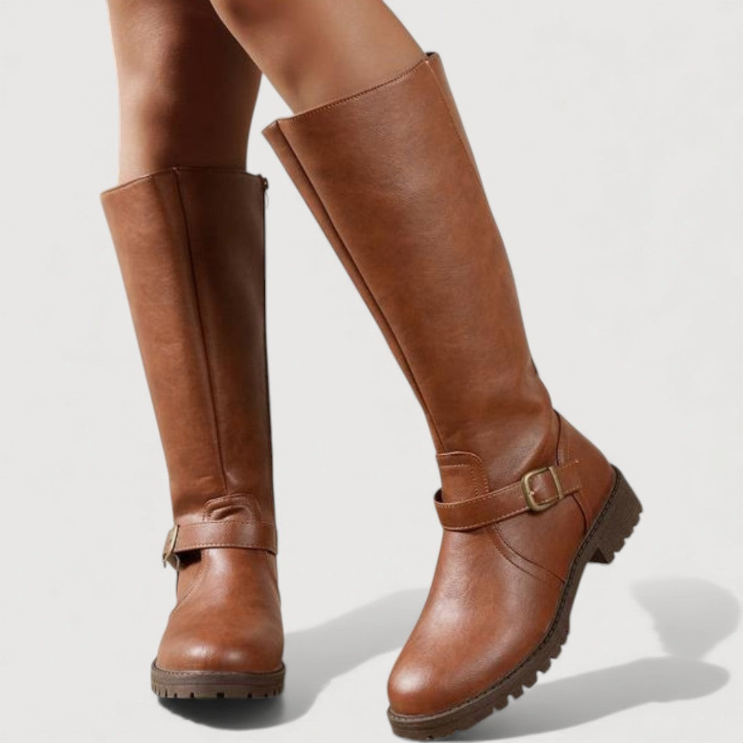 Women's Knee High Boots with an Ankle Buckle Strap | Round Toe, Flat Lug Sole, Full Side Zip | Sizes 3-9, 3 Colors